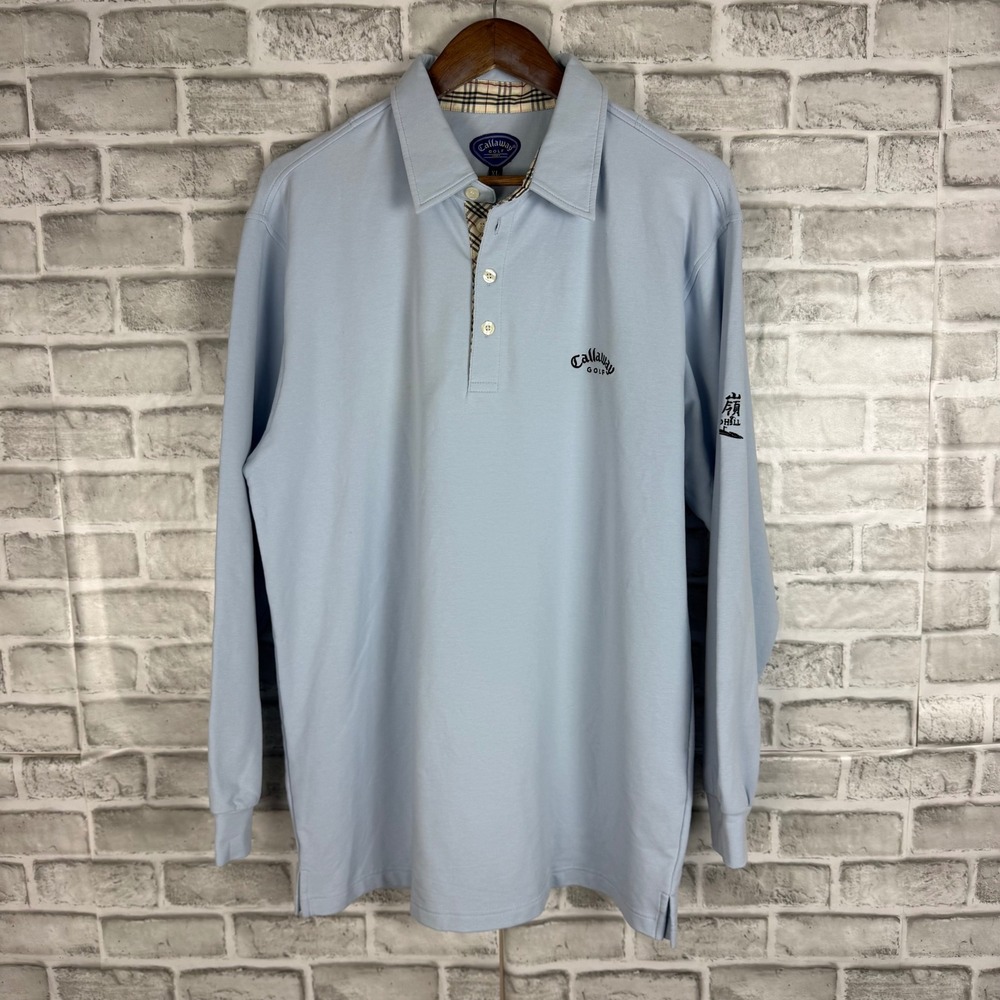 Callaway Golf Sport Mens XL Blue Long Sleeve Polo Plaid Trim Grand Hill Logo